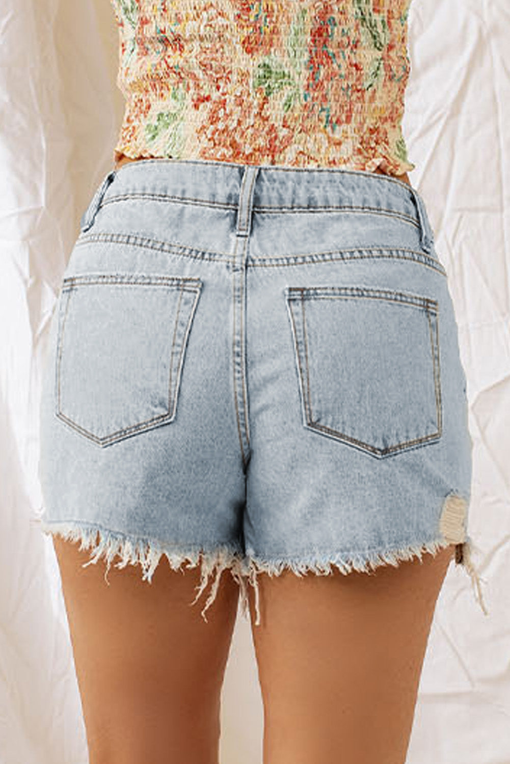 Distressed Light Wash Denim Shorts