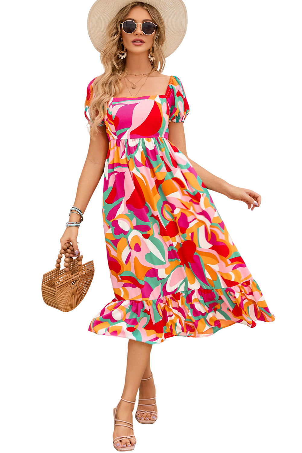 Abstract Print Square Neck Flowy Midi Dress