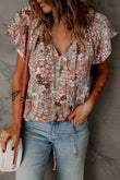 V-neck Short Sleeve Fashion Print Fantasy Fluttering Blouse