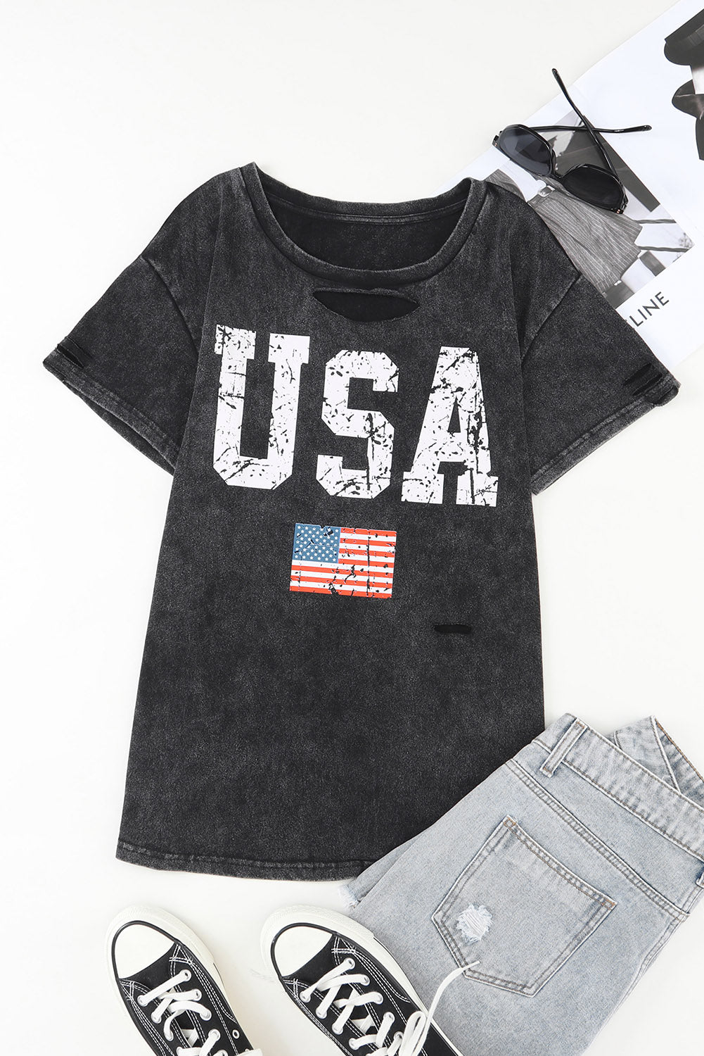 Distressed Tie-dye USA Flag Print T-shirt