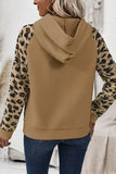 Light French Beige Leopard Print Patchwork Raglan Sleeve Half Buttons Hoodie