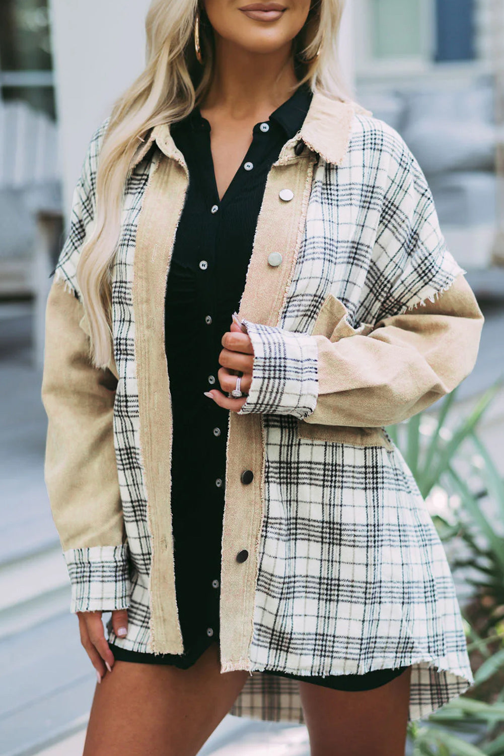 Distressed Raw Edge Plaid Patchwork Denim Jacket