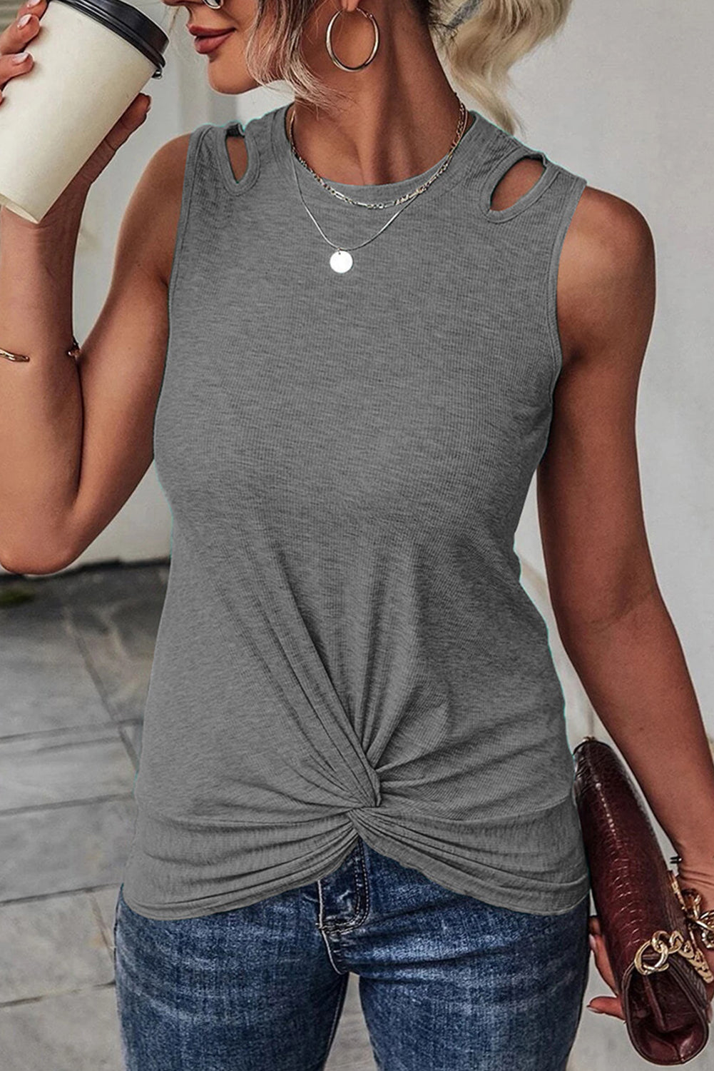 Khaki Rib Knit Cut-out Front Twist Tank Top