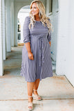 Striped Tie Waist 3/4 Sleeve Plus Size Dress