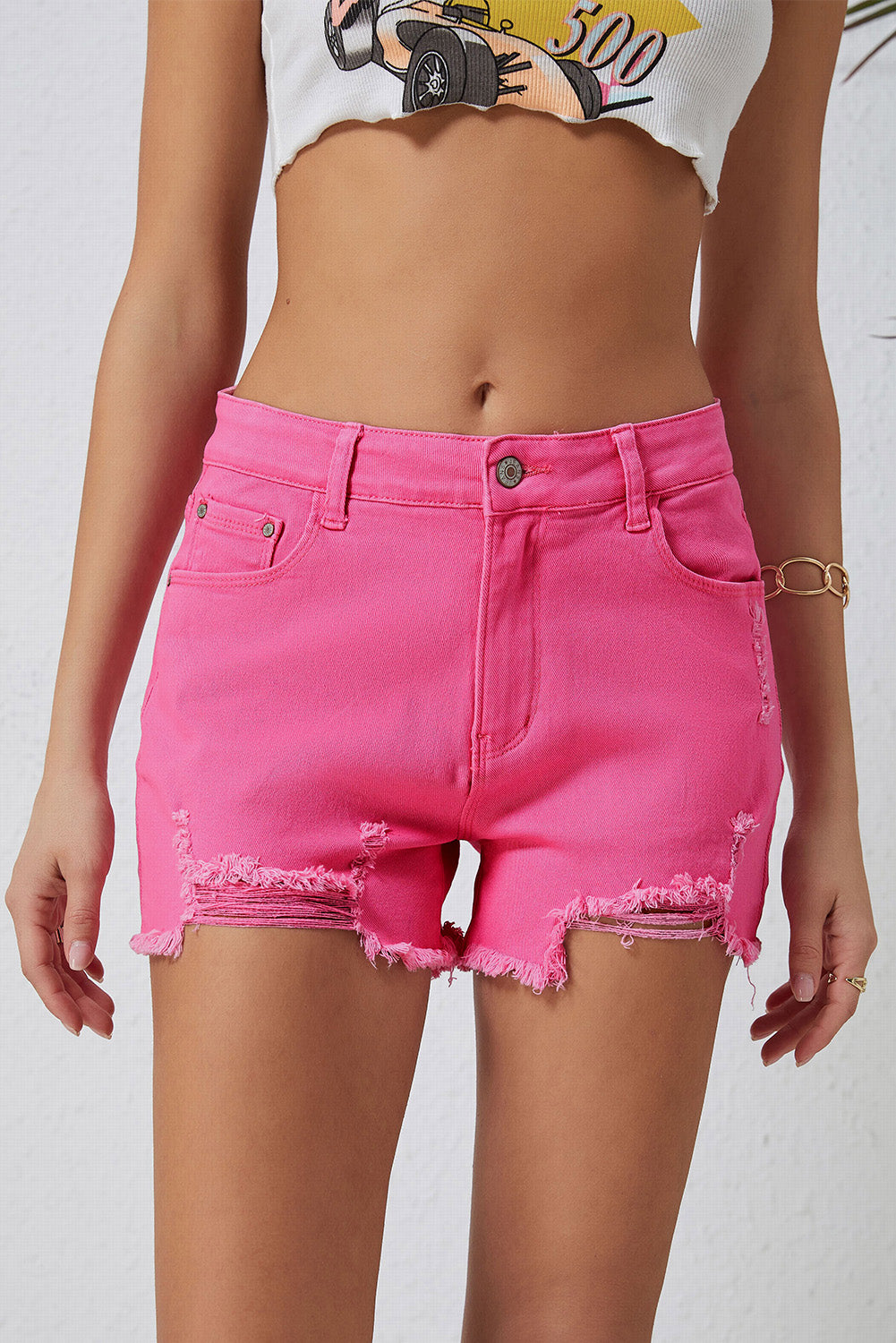 Rose - Short en jean taille haute coupe slim effet vieilli