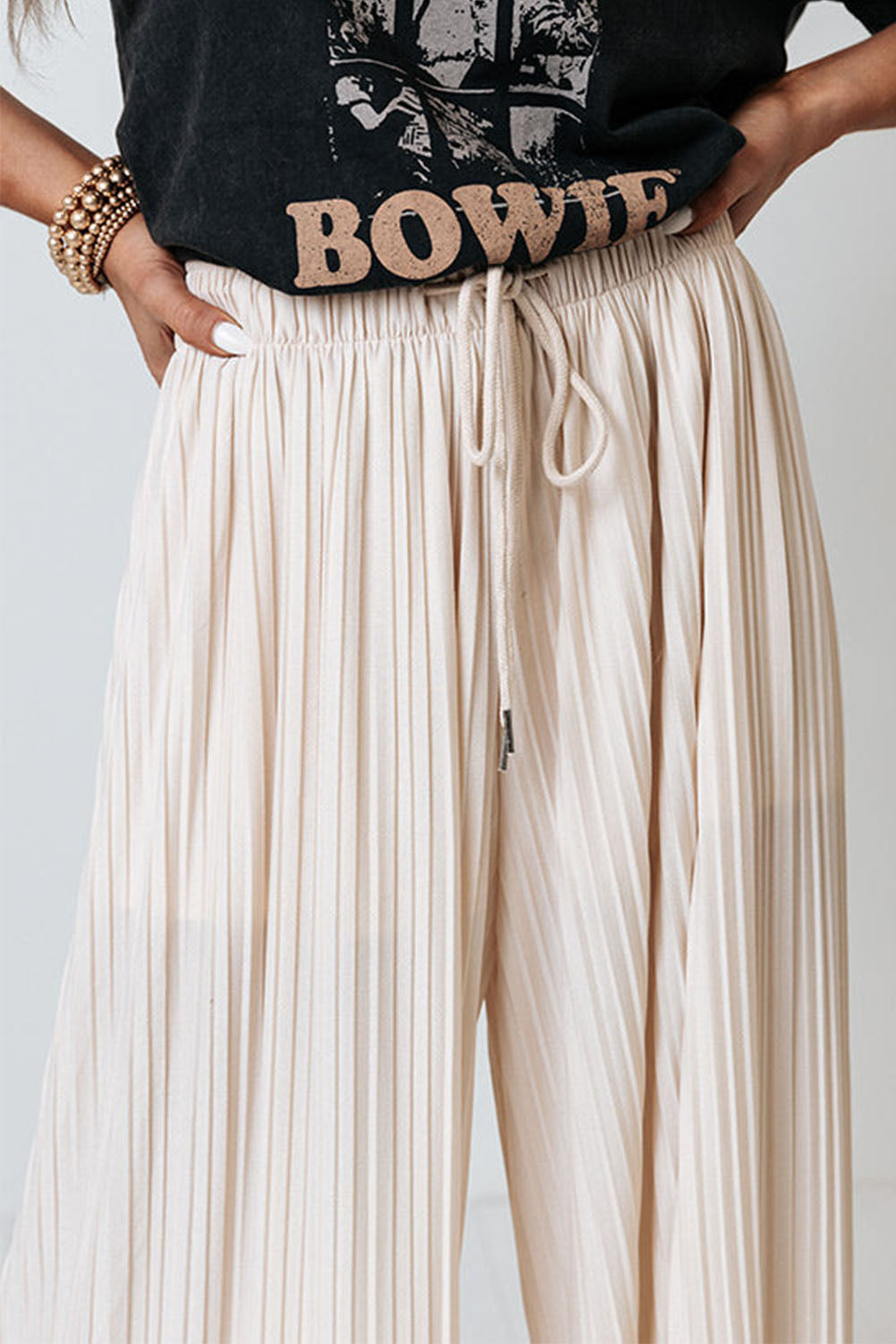 Drawstring Wide Leg Pleated Pants