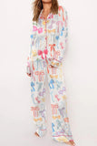 White Bow Knot Print Lapel Collar Wide Leg Satin Pajama Set