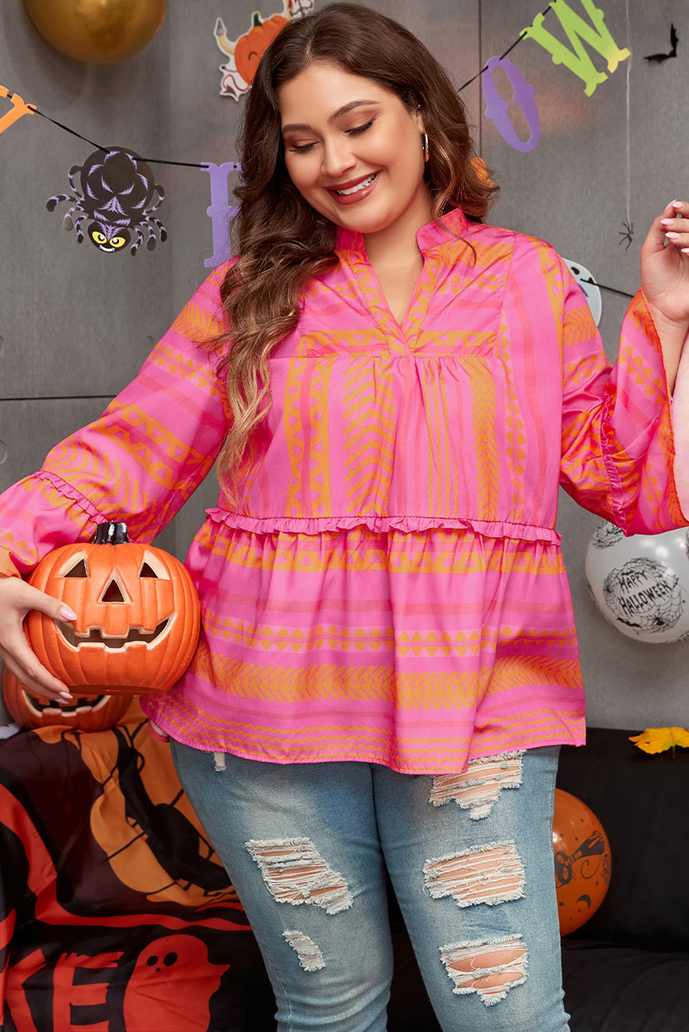 Vitality Orange Plus Size Geometric Printed Bell Sleeve Babydoll Blouse