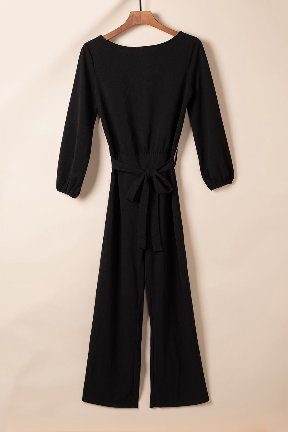 Boat Neck Bubble Sleeve Straight Legs Jumpsuit with Belt Tie