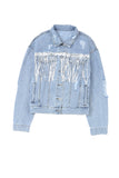 Veste en jean effet vieilli à franges ornées de sequins bleu ciel