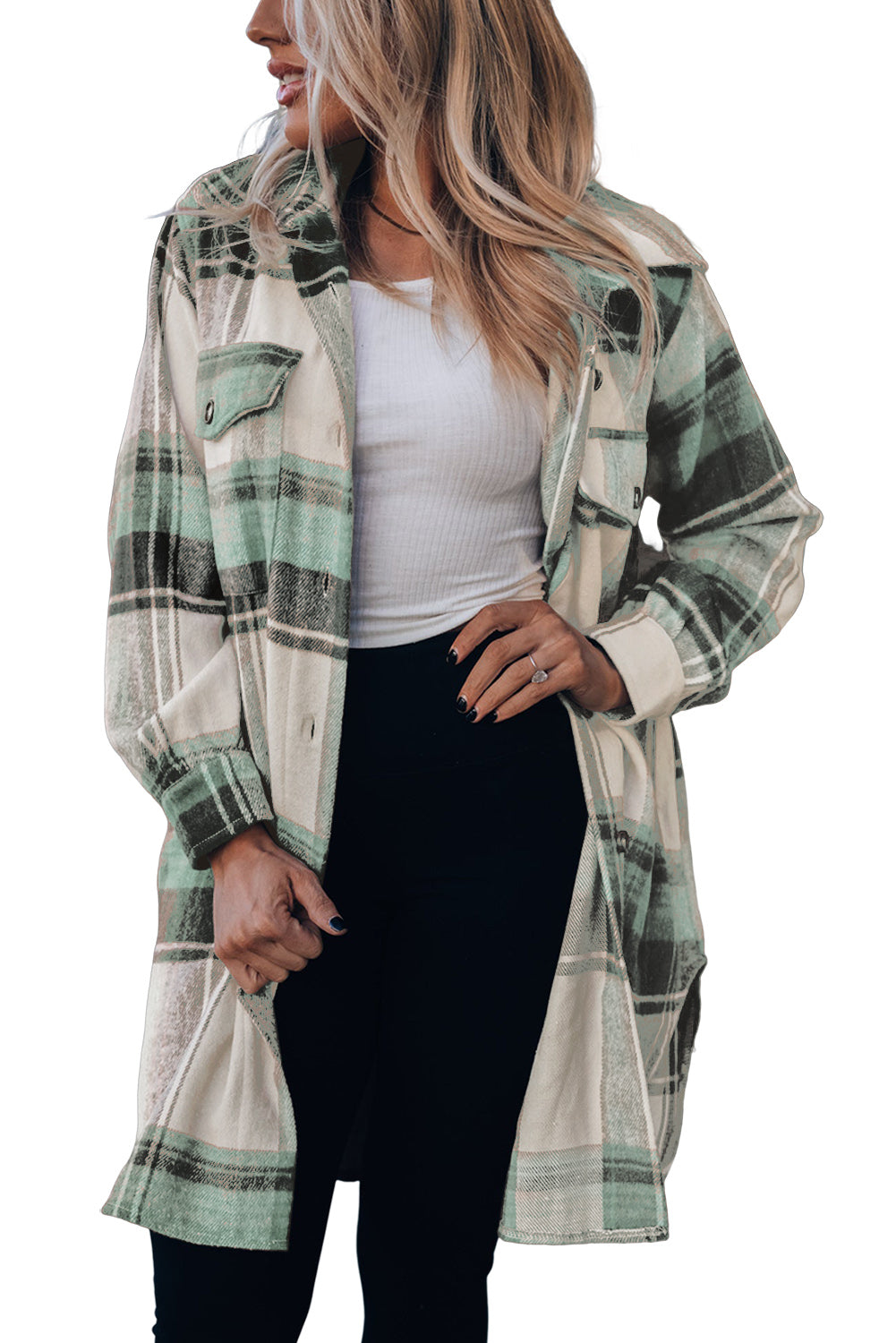 Brown Plus Size Plaid Flap Pockets Shacket