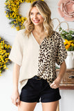 Leopard Color Block Roll Tab Sleeve V Neck Top