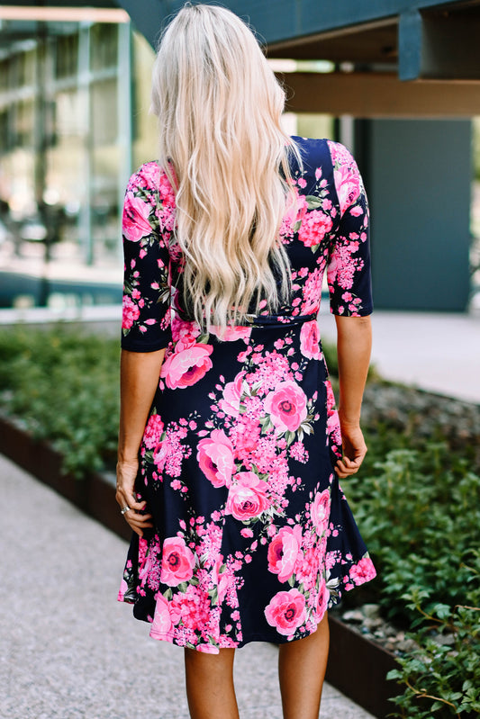 Wrap V Neck Floral Dress with Belt