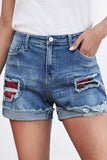 Floral Patchwork Rolled Hem Denim Shorts