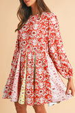 Red Colorful Floral Patchwork Long Sleeve Pleated Mini Dress