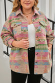 Multicolor Plus Size Flap Pockets Aztec Print Jacket