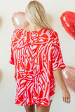 Red Abstract Print V Neck Batwing Sleeve Oversized Blouse