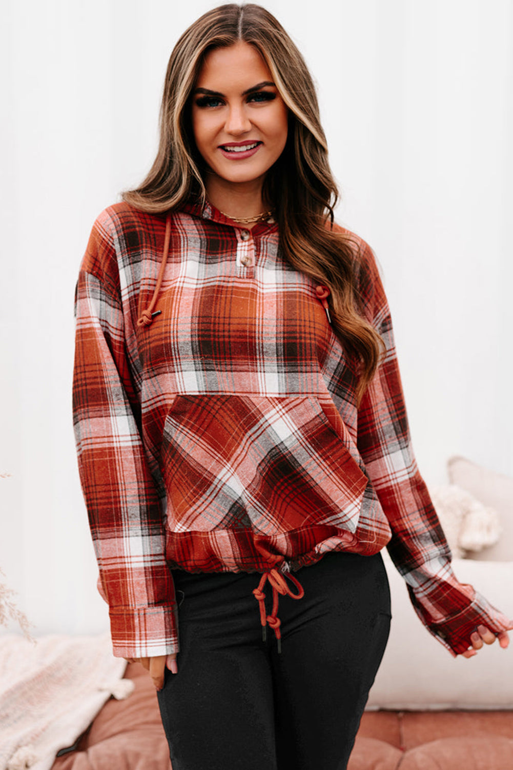 Plaid Print Pocketed Hoodie