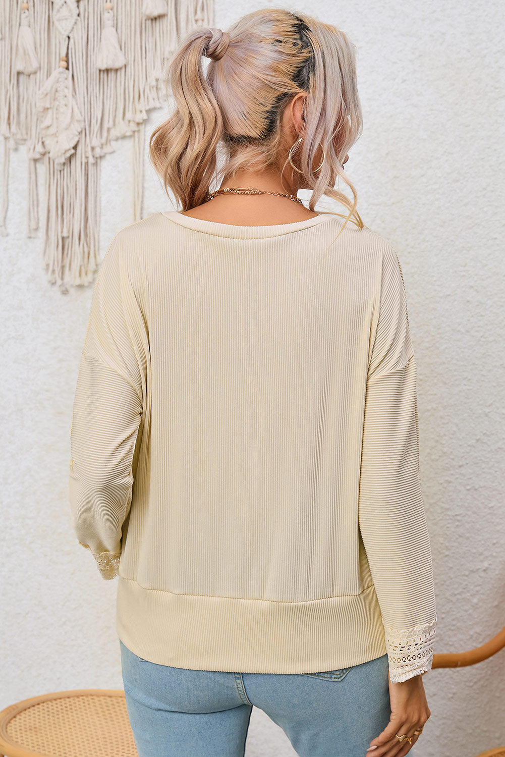 Ribbed Texture Lace Trim V Neck Long Sleeve Top