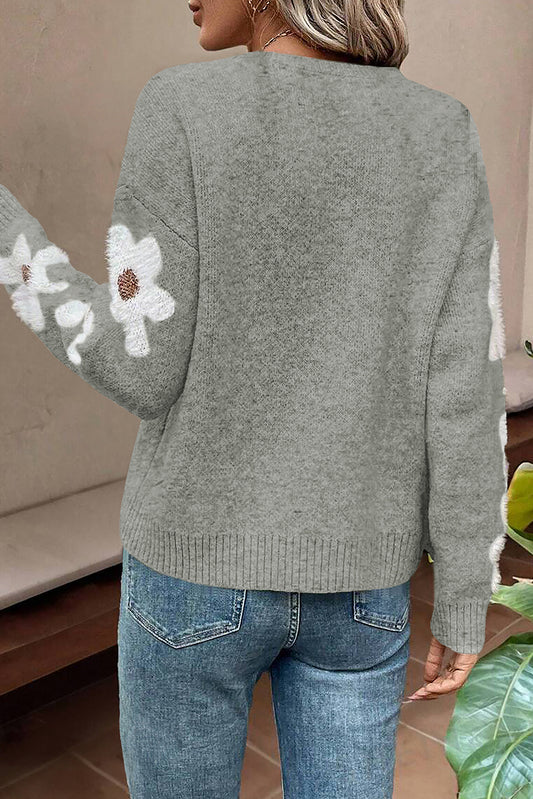 Light Grey Flower Sleeve Drop Shoulder Sweater