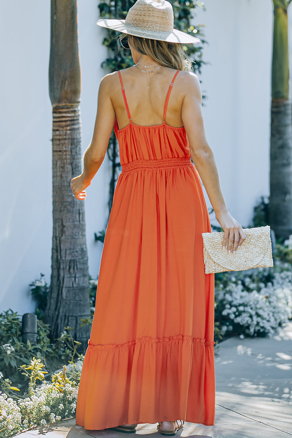 Ruffled Cut-out Spaghetti Strap Sleeveless Long Dress