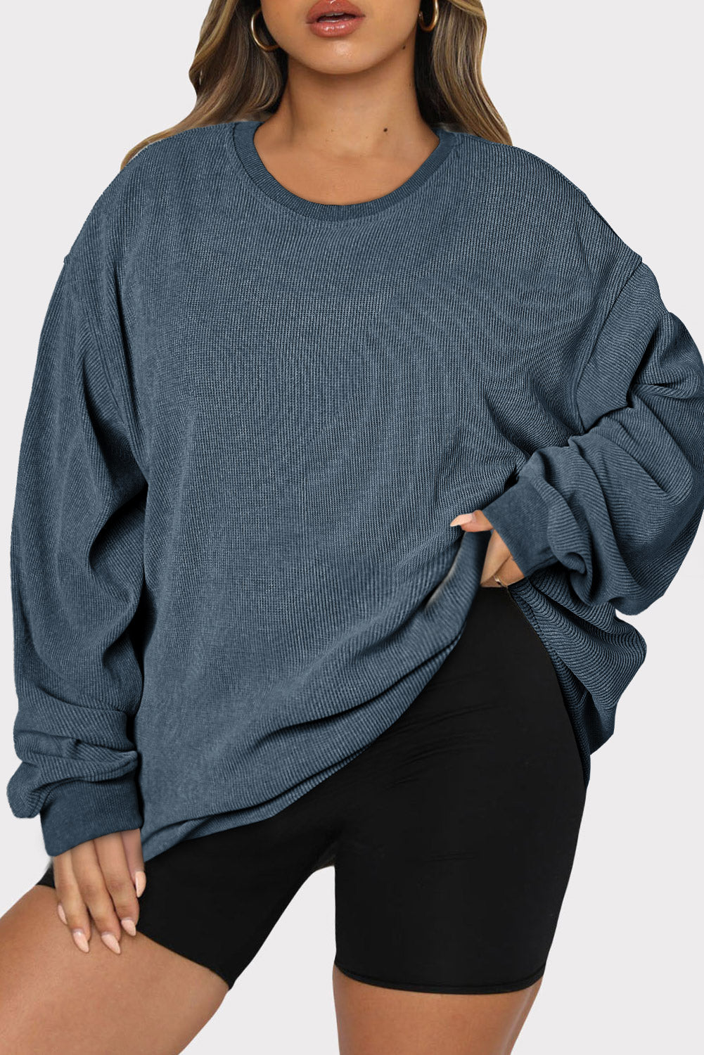 Pink Solid Ribbed Knit Round Neck Pullover Sweatshirt