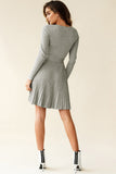 Belted V Neck Ribbed Pleated Sweater Dress