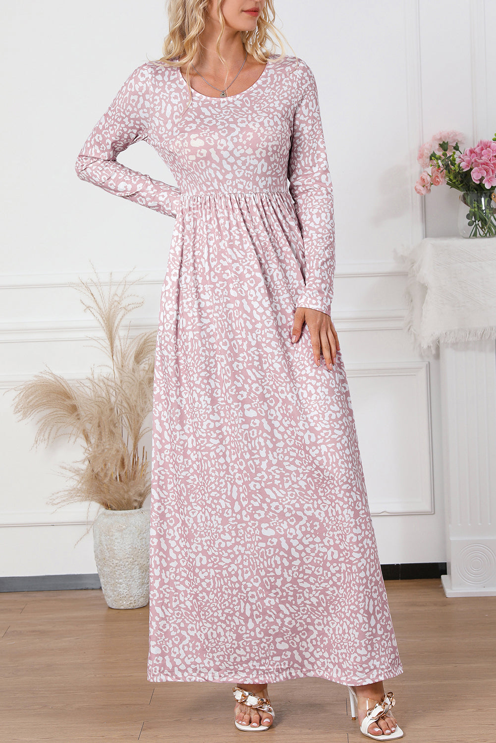 Animal Print Long Sleeve Empire Waist Maxi Dress