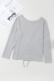 Gray V Cut Drawstring Back Waffle Knit Long Sleeve Top