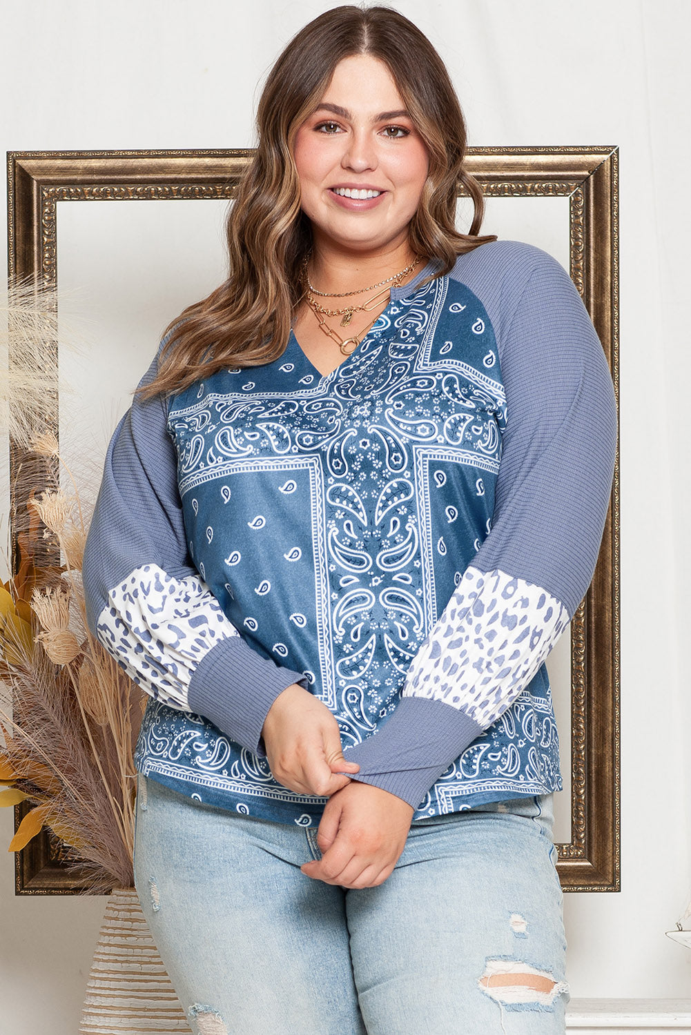 Leopard Paisley Patchwork Split Neck Plus Size Top