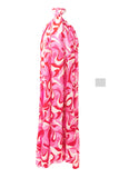 Pink Abstract Swirl Print Halter Maxi Dress