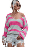 Striped Colorblock Knit V Neck Loose Fit Sweater