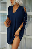 Pearl Beading Cold Shoulder V Neck Shift Dress