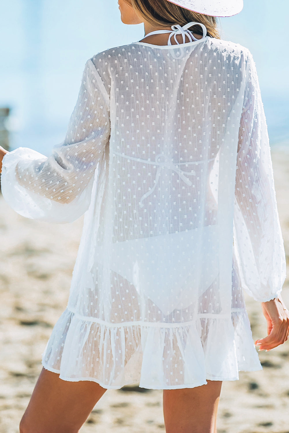 Swiss Dot Crochet Long Sleeve Beach Cover Up