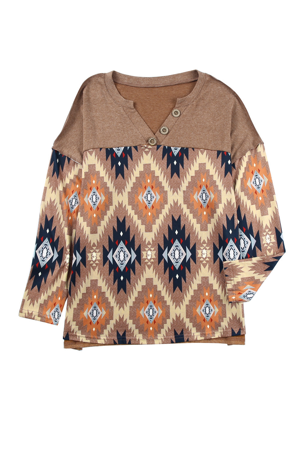 Western Aztec Print Buttoned V Neck Top