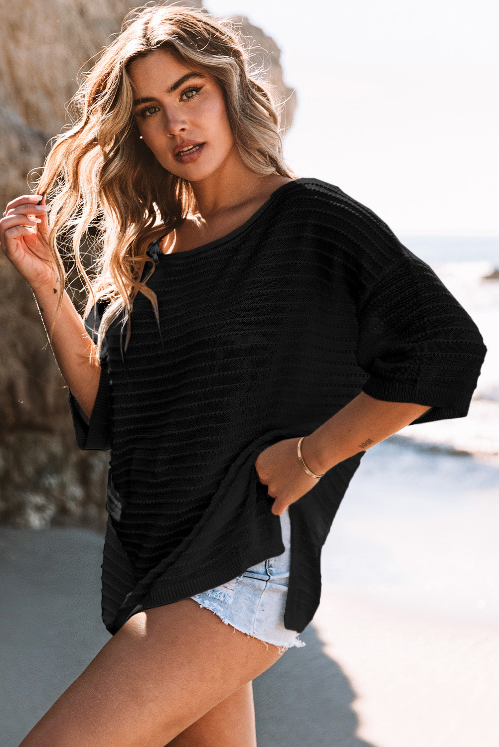 Textured Knit Drop Shoulder Tee