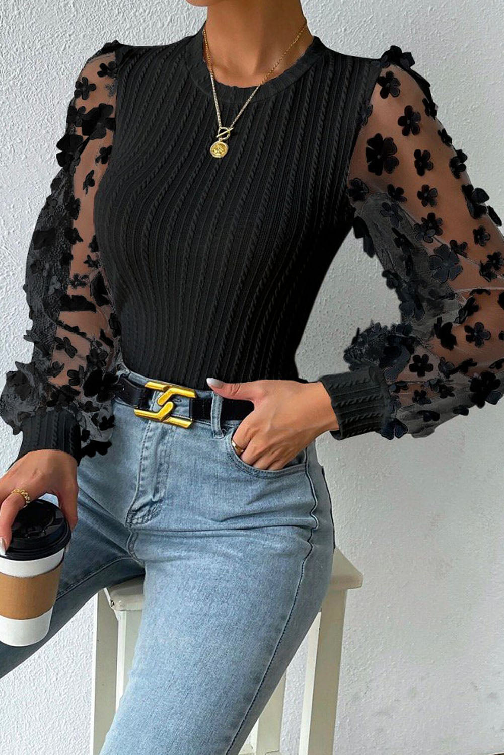 Floral Applique Mesh Sleeves Textured Knit Blouse