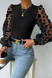 Floral Applique Mesh Sleeves Textured Knit Blouse