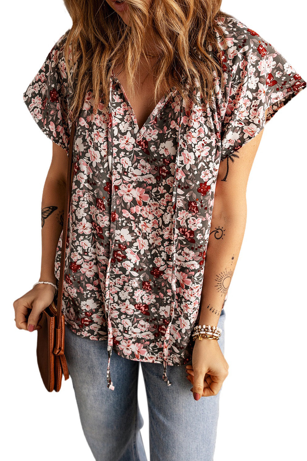 V-neck Short Sleeve Fashion Print Fantasy Fluttering Blouse