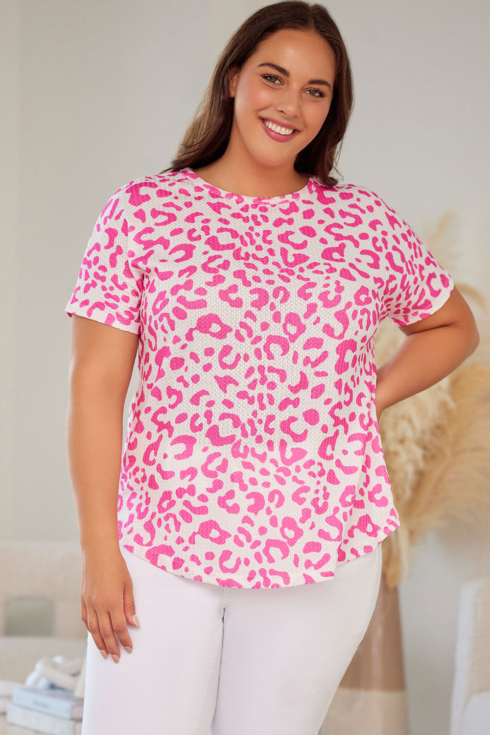 Leopard Print Textured Knit Short Sleeve Plus Size T Shirt