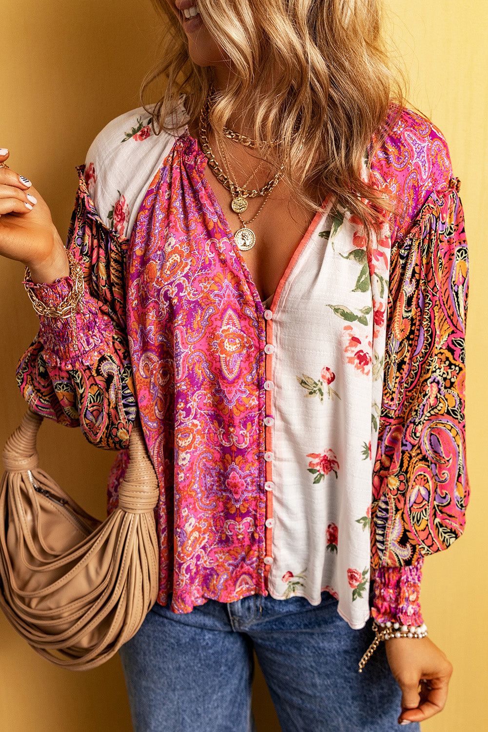 Multicolor Floral Patchwork Shirred Cuff Buttoned V Neck Blouse