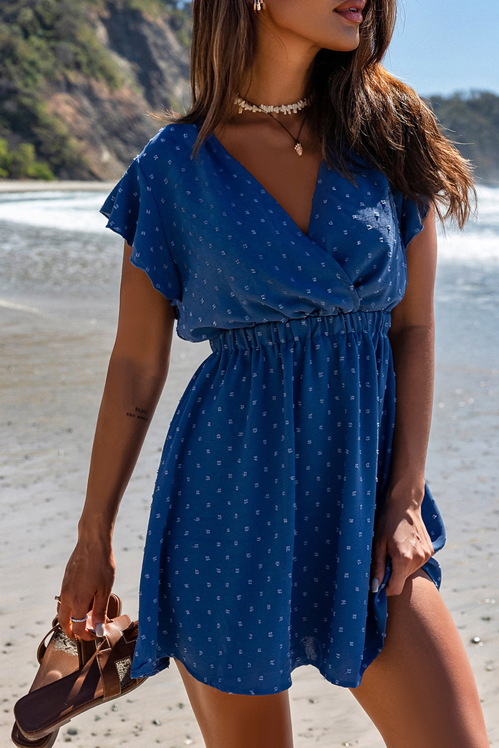 Swiss Dot V Neck Wrap Beach Dress