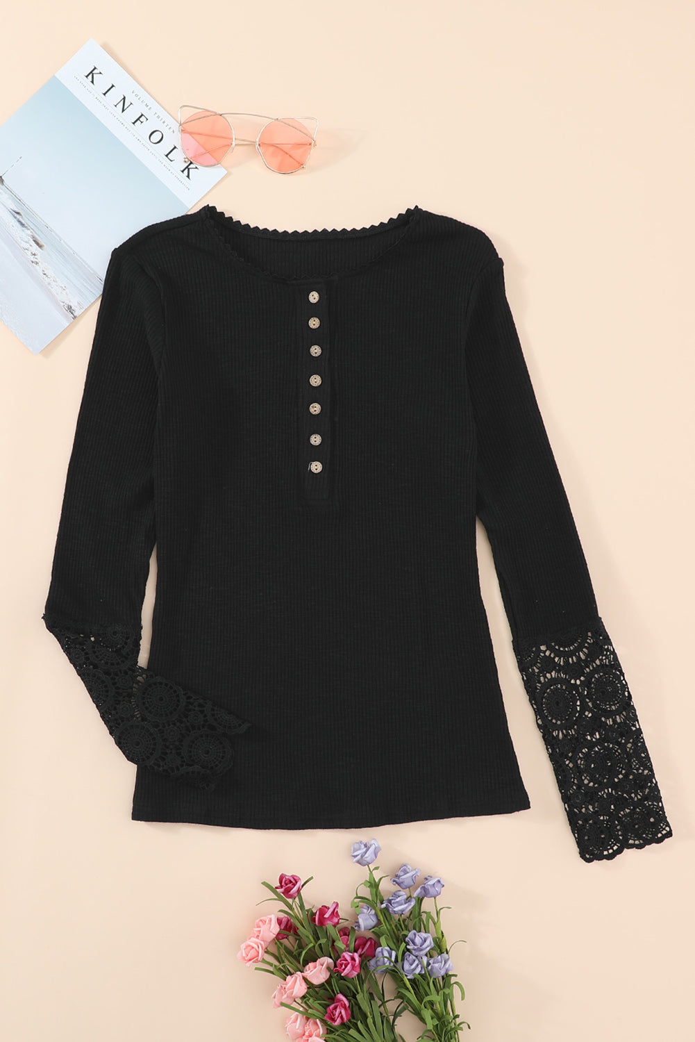 Crochet Lace Hem Sleeve Button Top