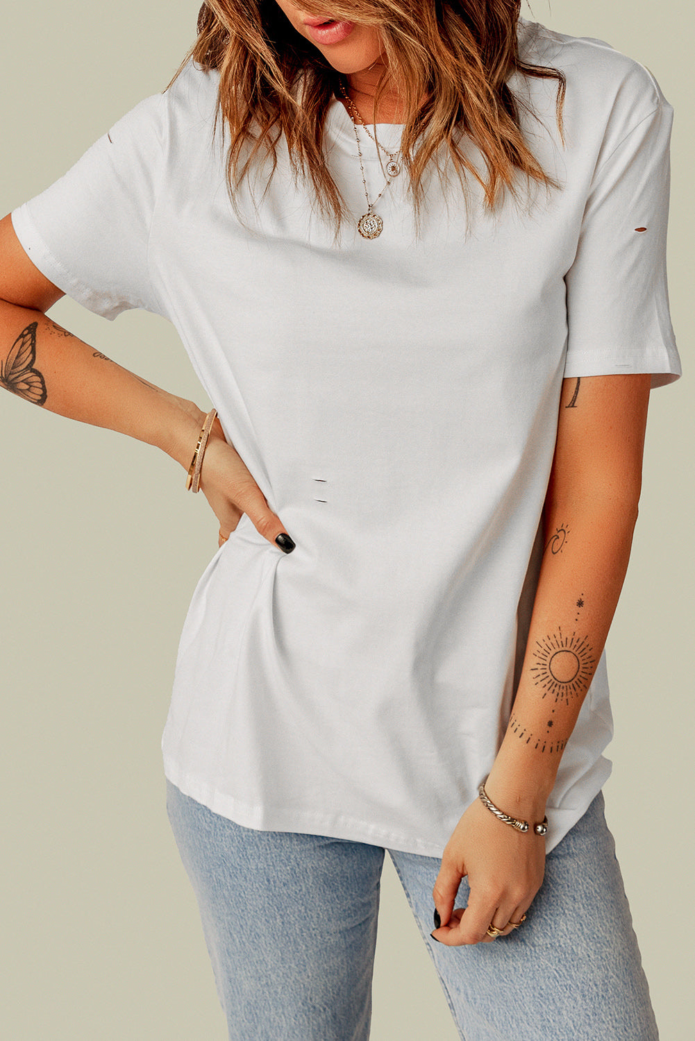 Ripped Solid Color Short Sleeve T Shirt