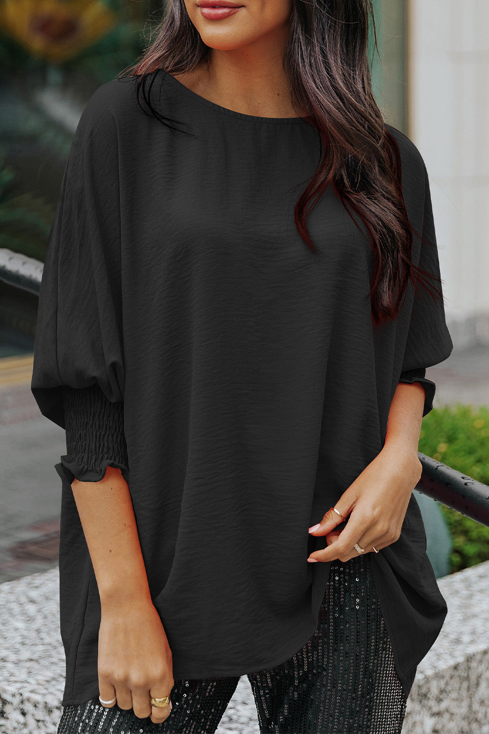 Black Smocked Wrist Shift Top