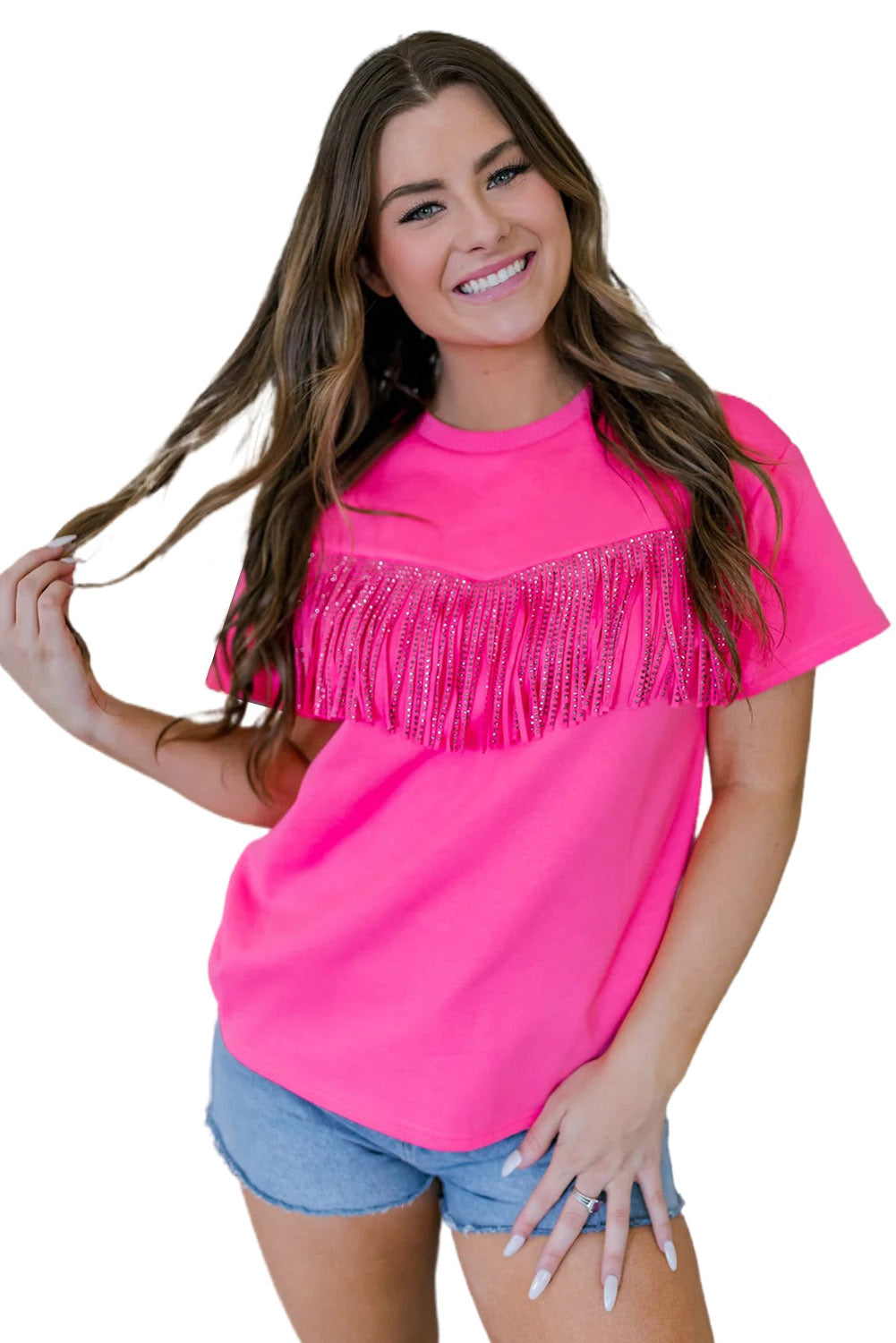 Rhinestone Fringed Short Sleeve T-shirt