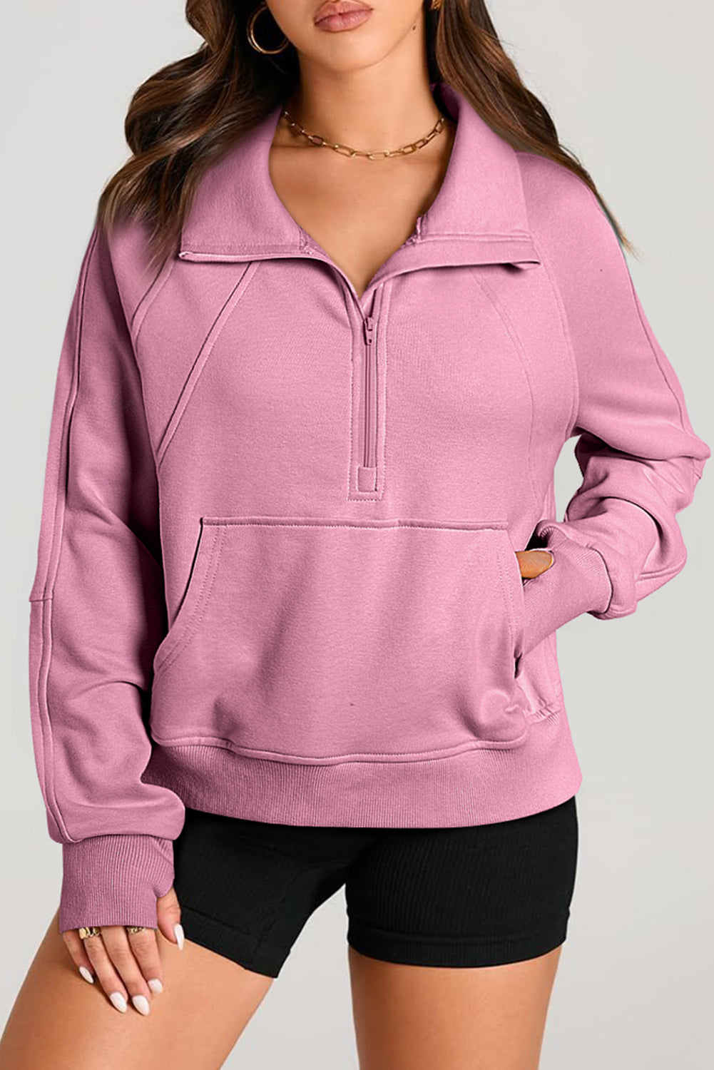 Brown Quarter Zip Stand Neck Kangaroo Pocket Sweatshirt