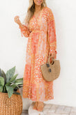 Boho Floral Wrap V Neck Tie Long Sleeve Dress