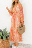 Boho Floral Wrap V Neck Tie Long Sleeve Dress