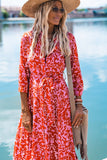 Printed 3/4 Sleeve V Neck Shirt Long Dress with Belt